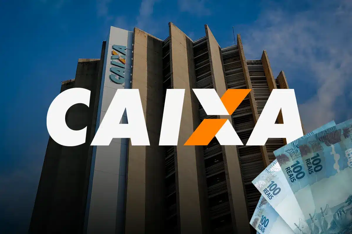 Prédio da Caixa Econômica Federal com cédulas de R$ 100 ao fundo, ilustrando o saque de R$ 6.220 disponibilizado para brasileiros após desastres naturais.