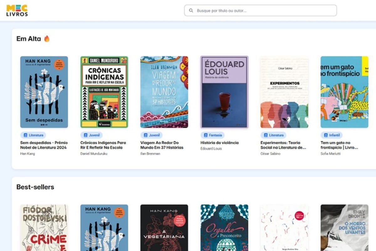 Como acessar MEC Livros - tela da plataforma com livros em destaque como Crônicas Indígenas e Sem Despedidas de Han Kang