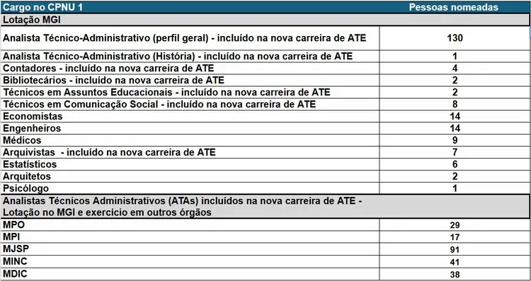 Distribuição das pessoas nomeadas para a nova carreira de ATE em diferentes cargos.