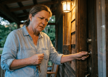 Mulher de meia-idade com camisa jeans azul segura chaves e toca maçaneta de porta de madeira em varanda rústica iluminada por luminária.