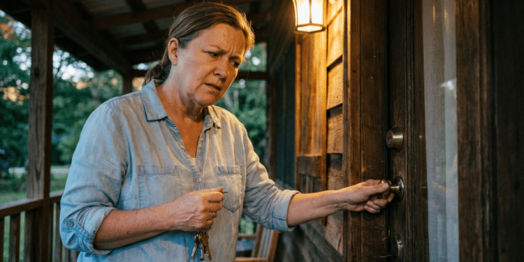 Mulher de meia-idade com camisa jeans azul segura chaves e toca maçaneta de porta de madeira em varanda rústica iluminada por luminária.