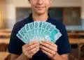 Estudante segurando dinheiro representando benefício financeiro do governo para alunos no Brasil
