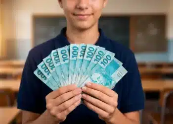 Estudante segurando dinheiro representando benefício financeiro do governo para alunos no Brasil