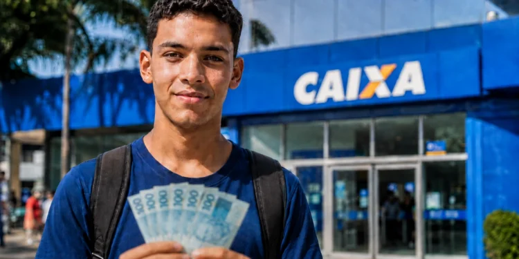 Estudante segura dinheiro em frente a uma agência da Caixa em referência aos pagamentos do Pé-de-Meia de agosto.