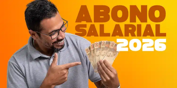 Homem sorrindo segurando notas de dinheiro com a legenda 'Abono Salarial 2026', anunciando os próximos pagamentos do PIS/Pasep