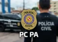 Logo da Polícia Civil do Pará com destaque para a sigla PC PA e a imagem de um policial e viatura ao fundo.