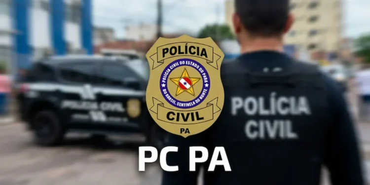 Logo da Polícia Civil do Pará com destaque para a sigla PC PA e a imagem de um policial e viatura ao fundo.