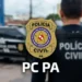 Logo da Polícia Civil do Pará com destaque para a sigla PC PA e a imagem de um policial e viatura ao fundo.