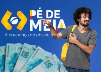 Imagem ilustrativa do programa Pé-de-Meia, mostrando o logotipo e uma pessoa com mochila, com notas de 100 reais ao fundo, representando a poupança voltada para o ensino médio.