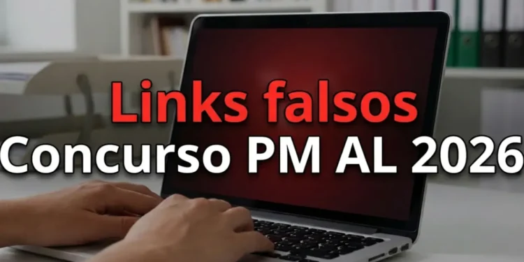 Homem utilizando notebook com aviso sobre links falsos relacionados ao concurso PM AL 2026
