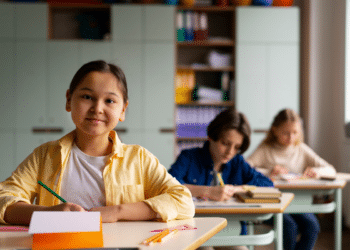 Menina de camisa amarela sorri para câmera em sala de aula enquanto colegas estudam ao fundo