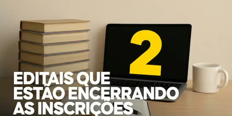 Imagem com livros e um laptop, destacando o número 2 em amarelo, representando os dois editais da Prefeitura de Brusque que encerram inscrições em breve, com salários de até R$ 22.439,04.