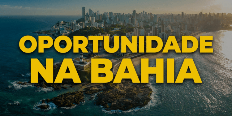 Vista aérea do Farol da Barra com skyline de Salvador ao fundo e texto amarelo "Oportunidade na Bahia"