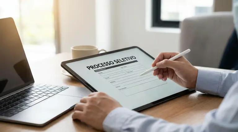 Pessoa preenchendo formulário digital de processo seletivo da Prefeitura de Chapecó SC em tablet.