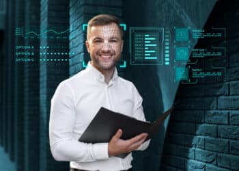 Profissional de tecnologia e dados com interface de análise digital em 2026