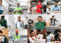 Mosaico de fotos com profissionais de diferentes áreas, incluindo médico, operário, entregador, contador, músico e fotógrafo, representando ocupações diversas do mercado de trabalho