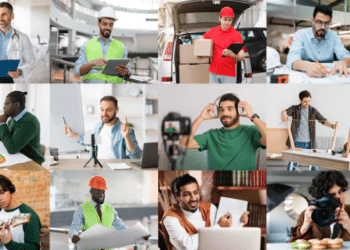 Mosaico de fotos com profissionais de diferentes áreas, incluindo médico, operário, entregador, contador, músico e fotógrafo, representando ocupações diversas do mercado de trabalho