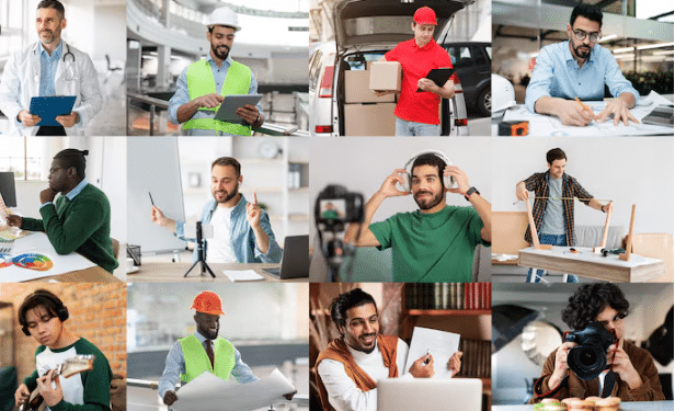 Mosaico de fotos com profissionais de diferentes áreas, incluindo médico, operário, entregador, contador, músico e fotógrafo, representando ocupações diversas do mercado de trabalho
