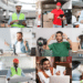 Mosaico de fotos com profissionais de diferentes áreas, incluindo médico, operário, entregador, contador, músico e fotógrafo, representando ocupações diversas do mercado de trabalho