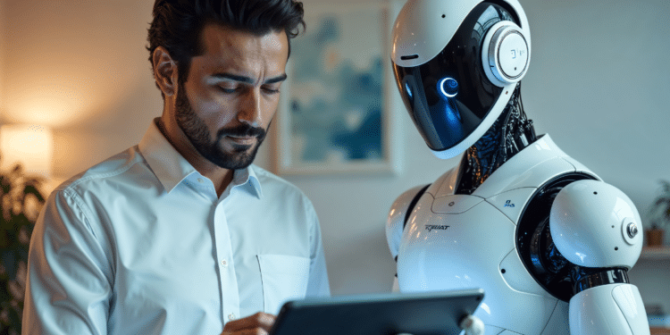 Homem com camisa branca e robô branco olhando para tablet em sala iluminada