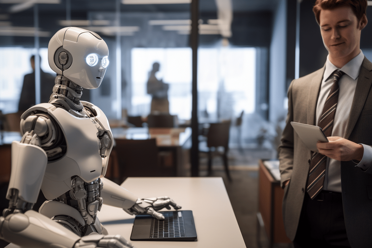 Robô humanoide operando laptop enquanto homem de terno segura tablet em escritório iluminado
