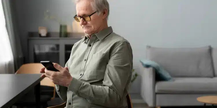 Idoso utilizando celular para realizar a Prova de Vida e garantir o recebimento de seus benefícios.