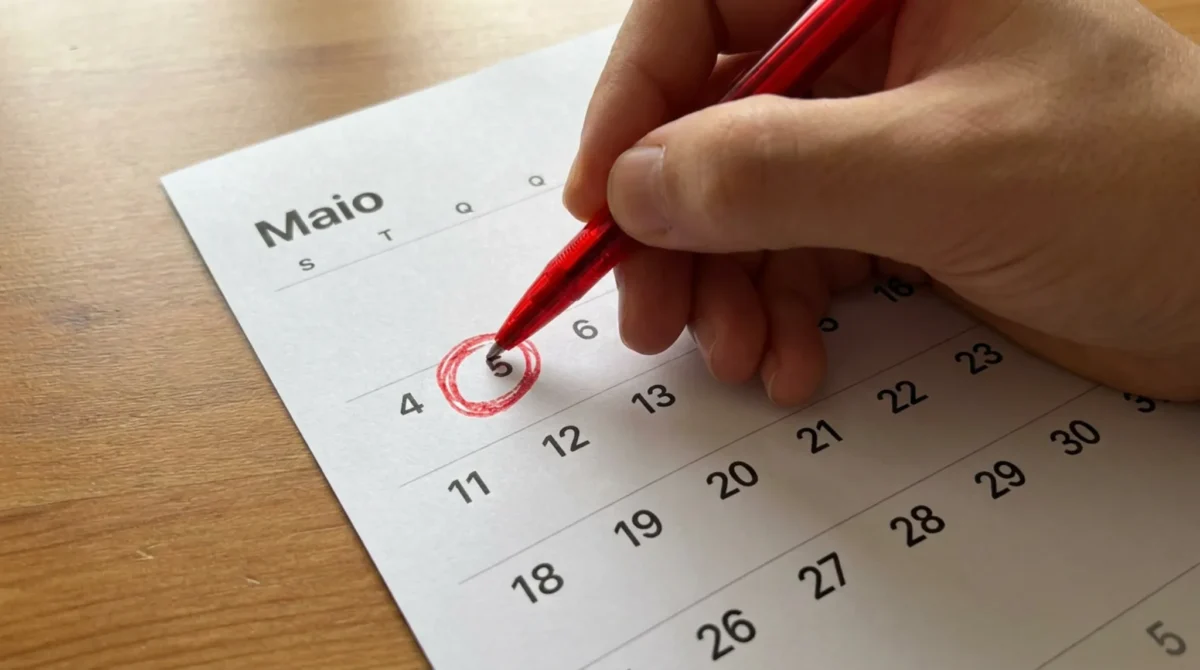 Mão marcando no calendário a data relacionada ao quinto dia útil de maio de 2026