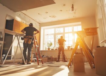 Equipe de profissionais realizando reforma em escritório, como parte do Programa Reforma Casa Brasil, que oferece crédito maior para quem ganha até R$ 13 mil.