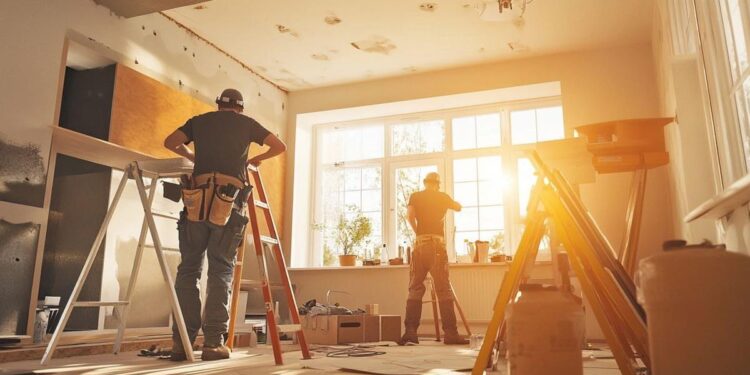 Equipe de profissionais realizando reforma em escritório, como parte do Programa Reforma Casa Brasil, que oferece crédito maior para quem ganha até R$ 13 mil.