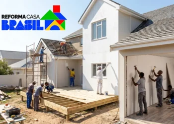 Reforma de casa com trabalhadores atuando em telhado, pintura e estrutura, relacionada ao programa Reforma Casa Brasil, anunciado pelo governo.