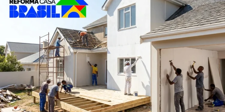 Reforma de casa com trabalhadores atuando em telhado, pintura e estrutura, relacionada ao programa Reforma Casa Brasil, anunciado pelo governo.