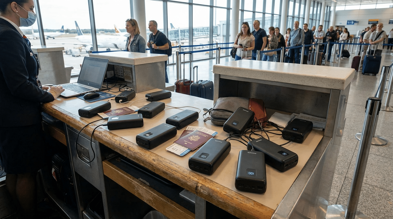 Power banks de passageiros em balcão de check-in no aeroporto