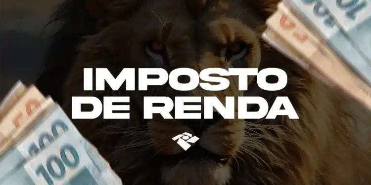 Banner com fundo escuro exibindo o rosto de um leão, o texto central "IMPOSTO DE RENDA" e, na parte inferior, o aviso "ERRO NOS DADOS BANCÁRIOS IMPEDE RESTITUIÇÕES". Há notas de 100 reais flutuando nas laterais.