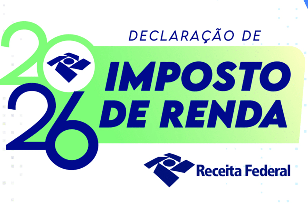Arte gráfica oficial da Receita Federal com os dizeres "Declaração de Imposto de Renda 2026", em tons de verde e azul.