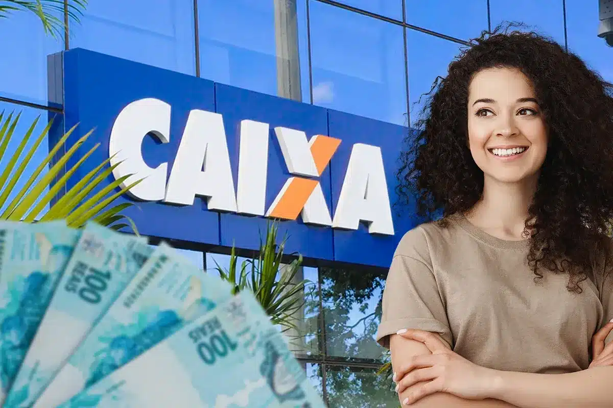 Mulher sorrindo em frente à agência da Caixa Econômica Federal, com notas de R$ 100 ao redor, ilustrando o saque de R$ 6.220 do FGTS em áreas afetadas por calamidade.