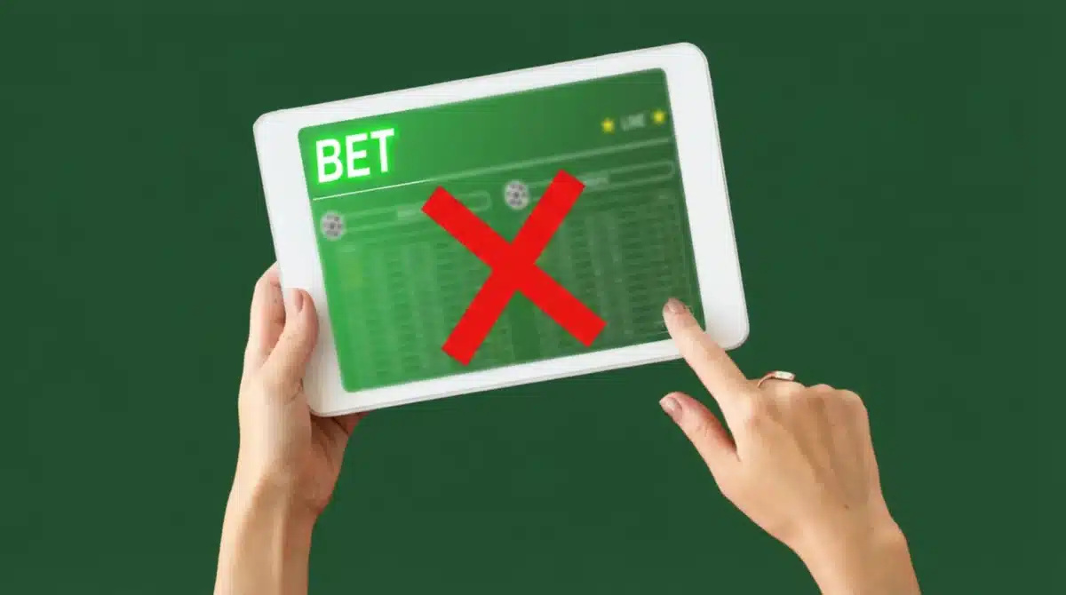 Tablet exibindo site de apostas bloqueado com símbolo de proibição durante renegociação de dívidas