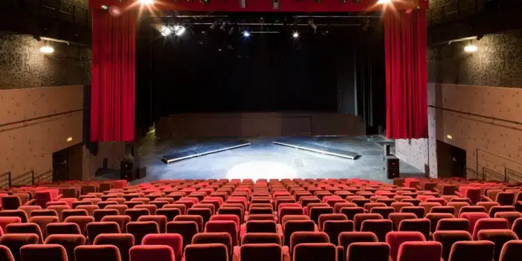 Palco de um teatro, com cadeiras vermelhas e luzes direcionadas ao palco, representando os caminhos profissionais no universo teatral.