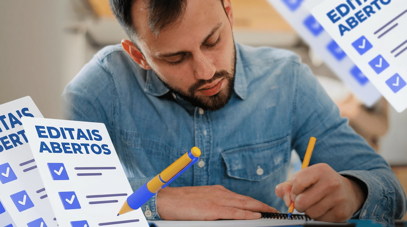Homem barbudo de camisa jeans escrevendo em caderno, com gráficos de editais abertos e canetas amarelas