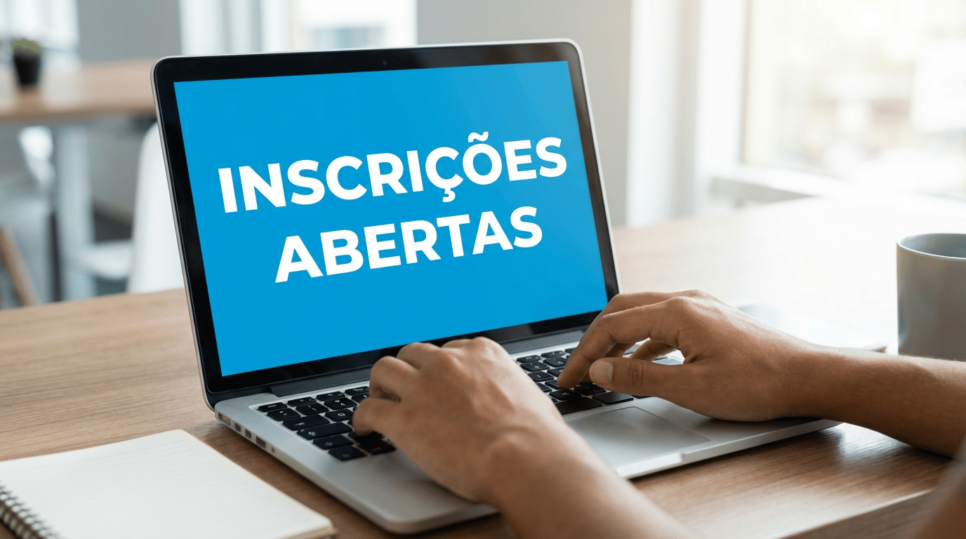 Mãos digitando em notebook prateado com tela azul exibindo "Inscrições Abertas" sobre mesa de madeira com caderno e caneca