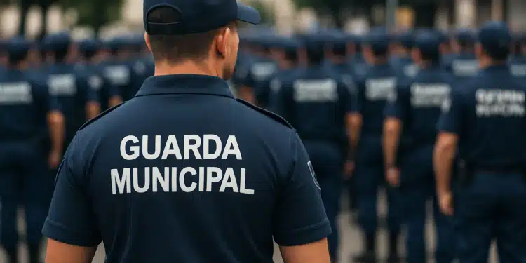 Agentes da Guarda Municipal em formação, uniformizados de azul marinho com boné, vistos de costas.