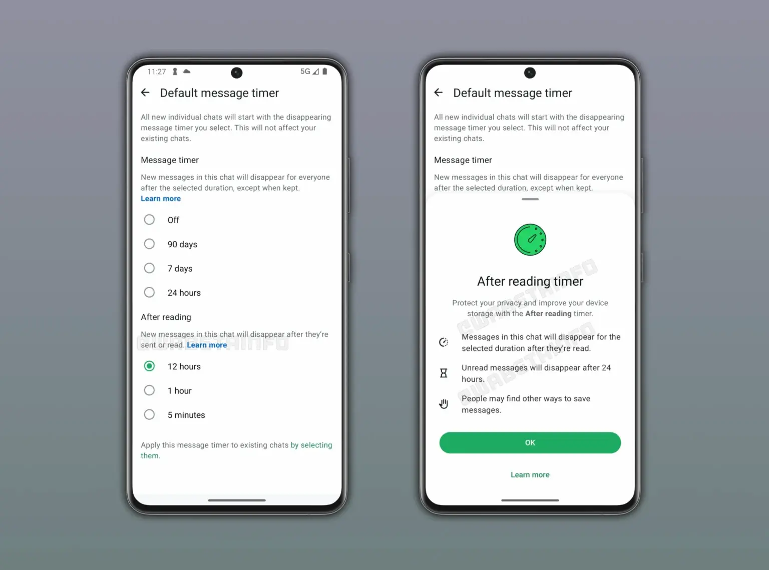 Configurações de temporizador de mensagens do WhatsApp com novas opções após leitura.