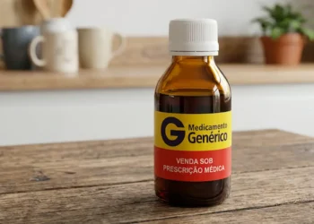 Frasco de xarope genérico sobre mesa de madeira representando alerta da Anvisa sobre substância com risco de arritmia.