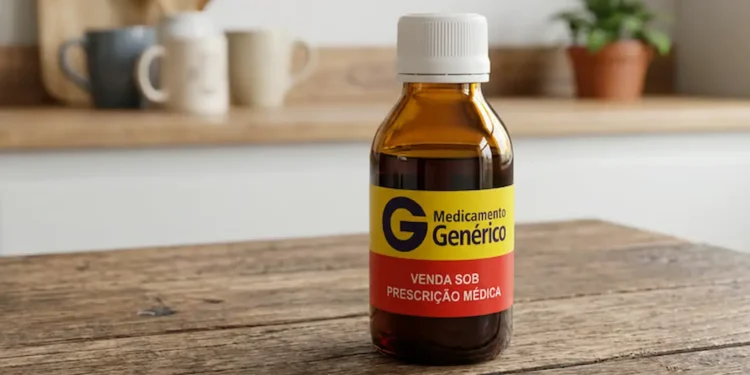 Frasco de xarope genérico sobre mesa de madeira representando alerta da Anvisa sobre substância com risco de arritmia.