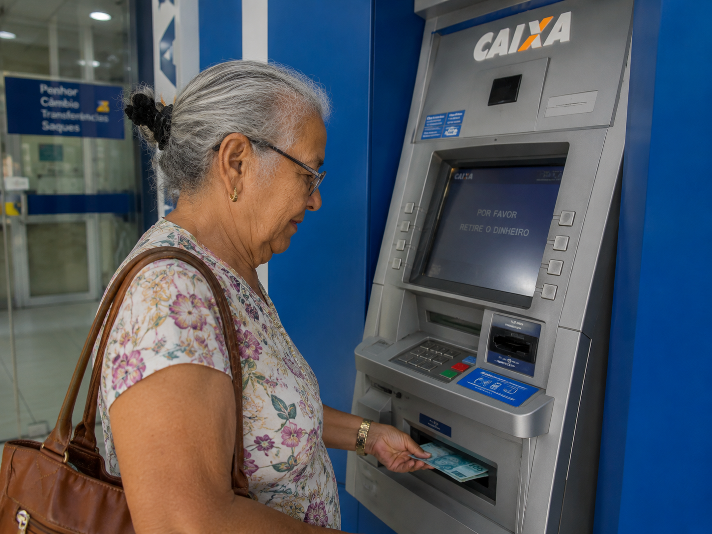 Mulher idosa de cabelos grisalhos retira cédulas de real em caixa eletrônico da Caixa Econômica Federal.