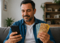 Homem de barba com camisa jeans segura celular preto e cédulas de R$100 e R$50 em sala de estar.