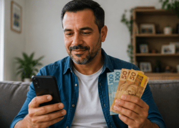 Homem de barba com camisa jeans segura celular preto e cédulas de R$100 e R$50 em sala de estar.