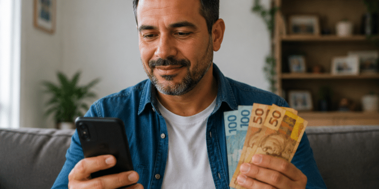 Homem de barba com camisa jeans segura celular preto e cédulas de R$100 e R$50 em sala de estar.