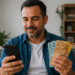 Homem de barba com camisa jeans segura celular preto e cédulas de R$100 e R$50 em sala de estar.