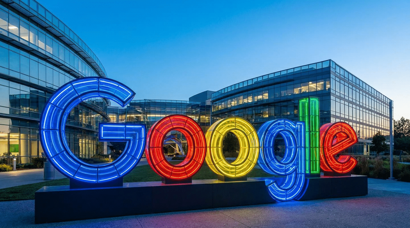 Escultura iluminada com o logotipo Google em neon colorido em frente a prédios de vidro modernos ao entardecer.