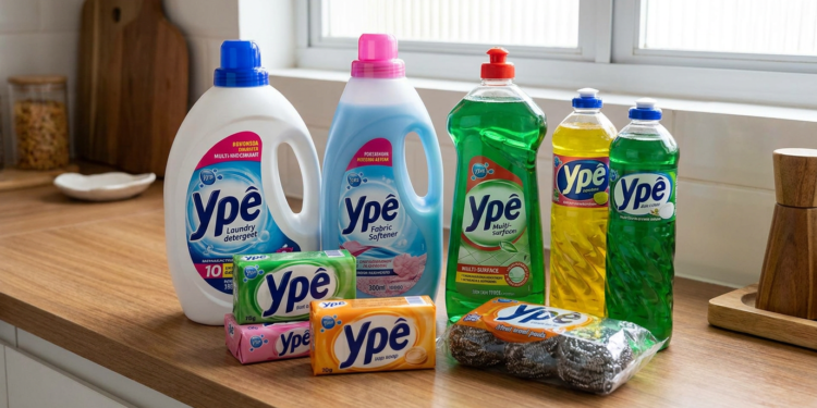 Produtos Ypê incluindo detergente, amaciante, multiuso, sabão em barra e lã de aço dispostos em bancada de madeira.